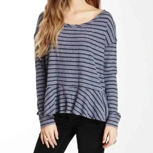 We the Free People Auntie Em Blue Gray Striped Thermal Waffle Knit Peplum size M - Picture 1 of 5